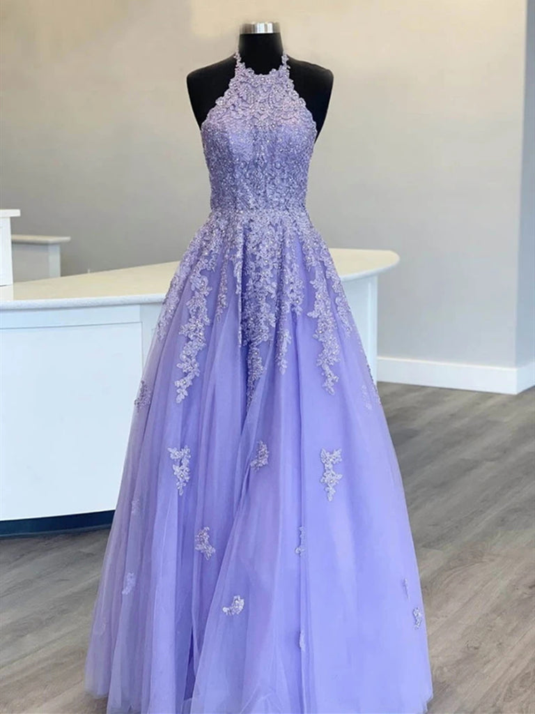 Halter Neck Purple Long Lace Prom Dresses, Halter Neck Purple Lace Formal Evening Dresses