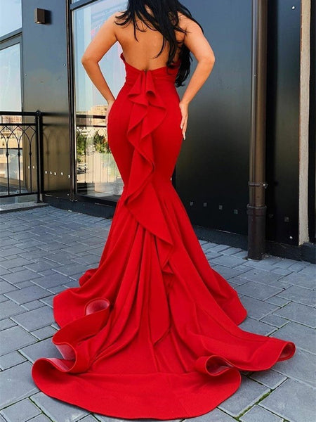 Halter Neck Red Mermaid Long Prom Dresses, Red Mermaid Long Formal Evening Dresses