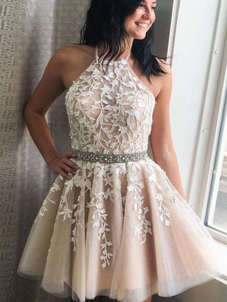 Halter Neck Short Champagne Lace Prom Dresses, Short Champagne Lace Fo jbydress Halter Neck Short Champagne Lace Prom Dresses, Short Champagne Lace Fo jbydress