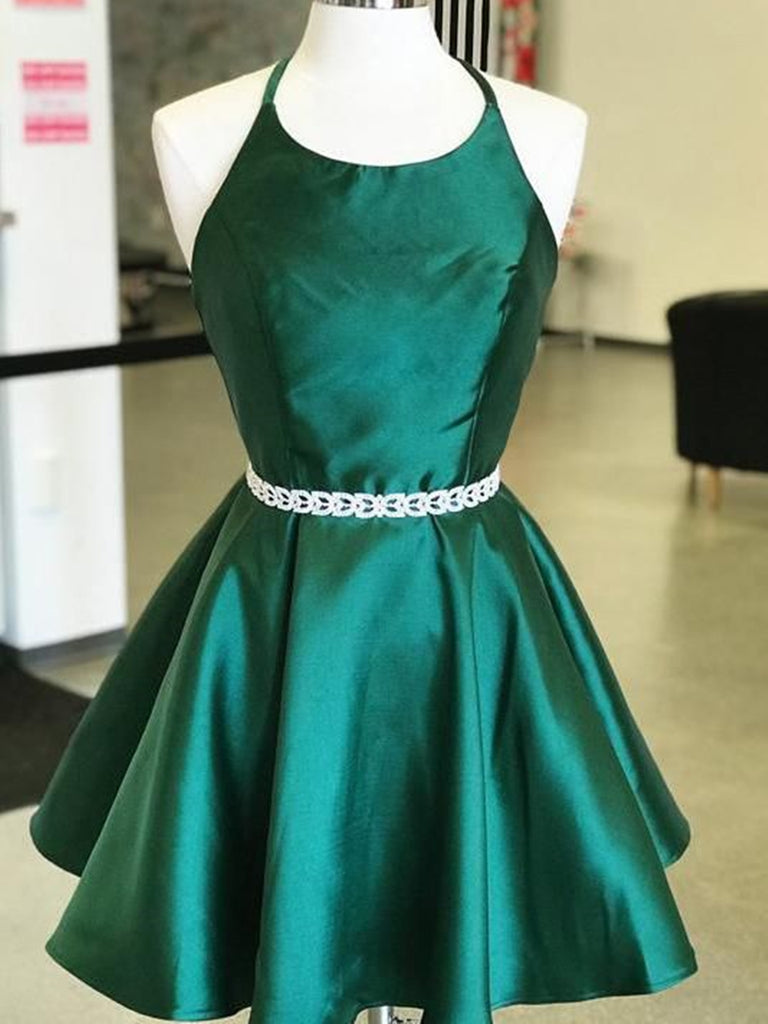 Halter Neck Short Emerald Green Prom Dresses, Short Green Formal Homecoming Graduation Dresses