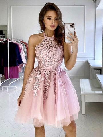 Halter Neck Short Lace Prom Dresses, Short Lace Formal Homecoming Graduation Dresses-Pink