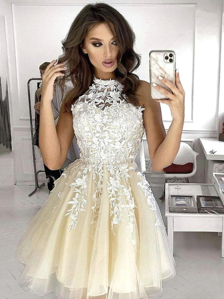 Halter Neck Short Lace Prom Dresses, Short Lace Formal Homecoming Graduation Dresses -Yellow