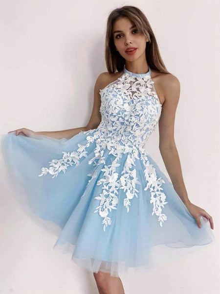 Halter Neck Short Lace Prom Dresses, Short Lace Formal Homecoming Graduation Dresses-Blue