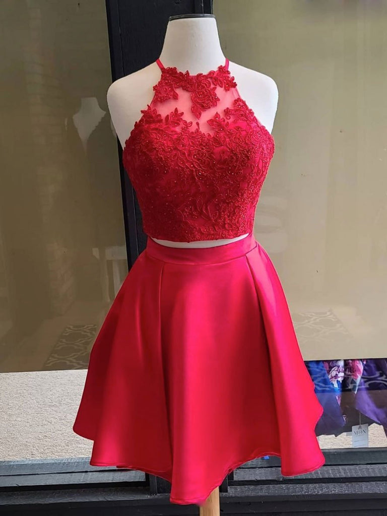 Halter Neck Short Red 2 Pieces Lace Prom Dresses, Two Pieces Short Red Lace Homecoming Graduation Dresses