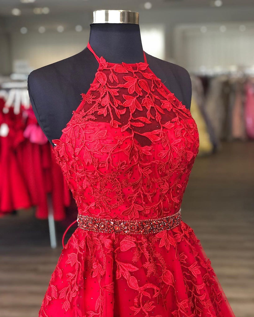 Halter Neck Short Red Lace Prom Dresses, Short Red Lace Formal