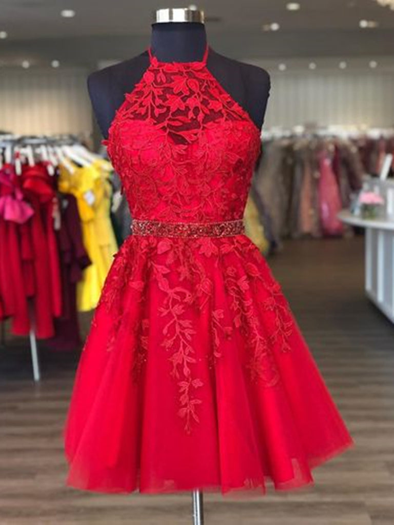 Halter Neck Short Red Lace Prom Dresses, Short Red Lace Formal Homecom jbydress Halter Neck Short Red Lace Prom Dresses, Short Red Lace Formal Homecom jbydress