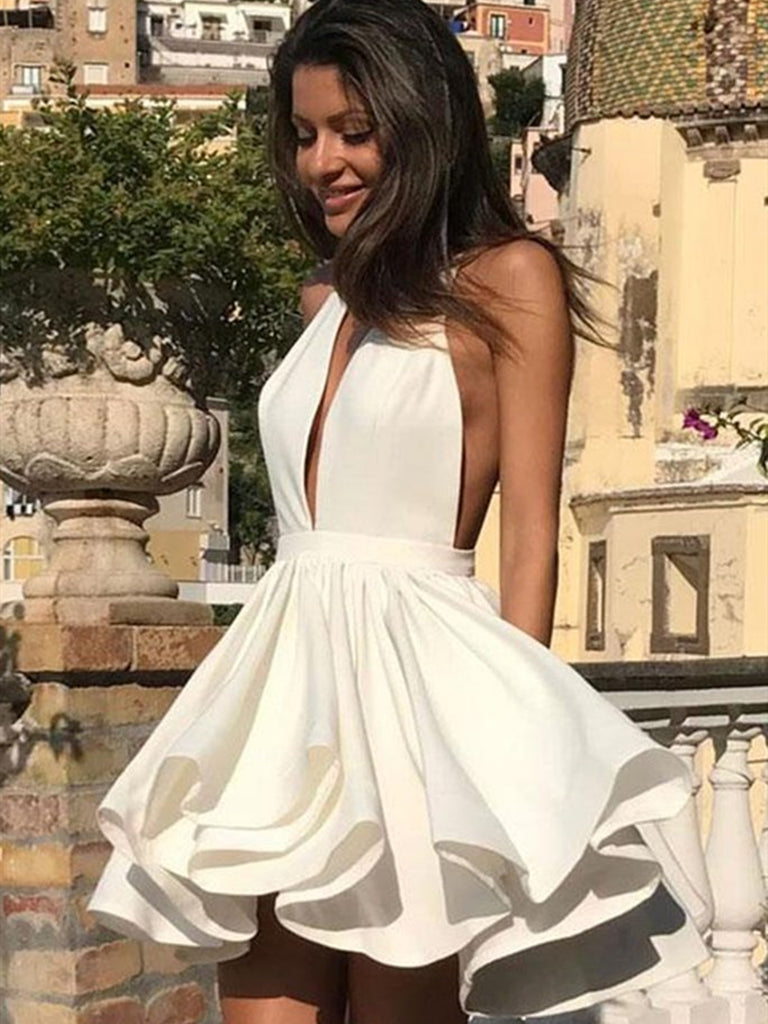Halter Neck Short White Prom Dresses, Short V Neck White Graduation Ho jbydress Halter Neck Short White Prom Dresses, Short V Neck White Graduation Ho jbydress