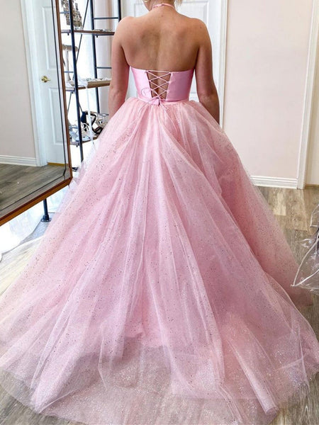 Halter Neck Two Pieces Pink Long Prom Dresses, Shiny 2 Pieces Pink Long Formal Evening Dresses