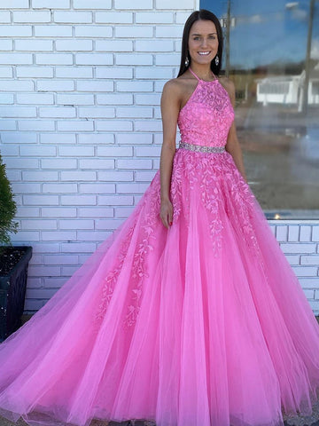 Halter Neck Pink Lace Prom Dresses with Train, Pink Long Lace Formal Evening Dresses