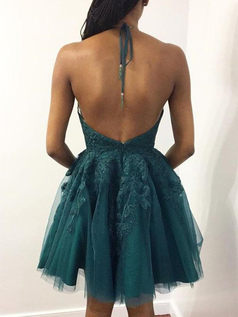 Halter Neck Short Emerald Green Lace Prom Dresses, Short Green Lace Gr jbydress Halter Neck Short Emerald Green Lace Prom Dresses, Short Green Lace Gr jbydress