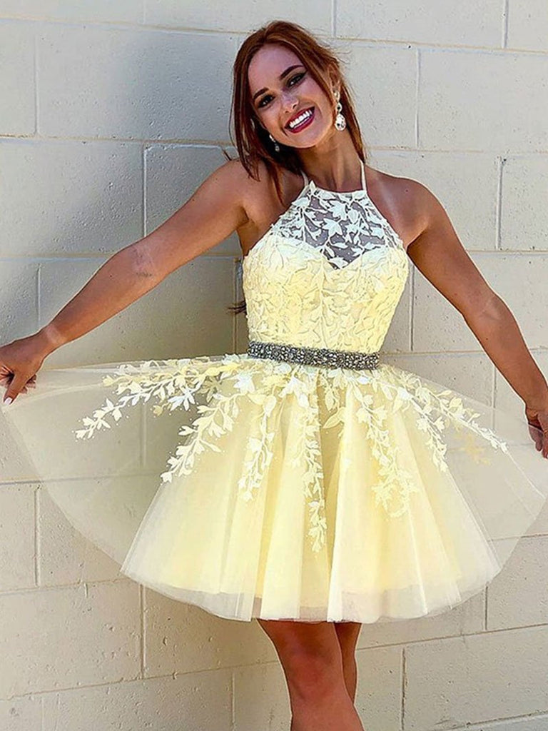 Halter Neck Short Yellow White Lace Prom Dresses, Short Lace Formal Homecoming Dresses 