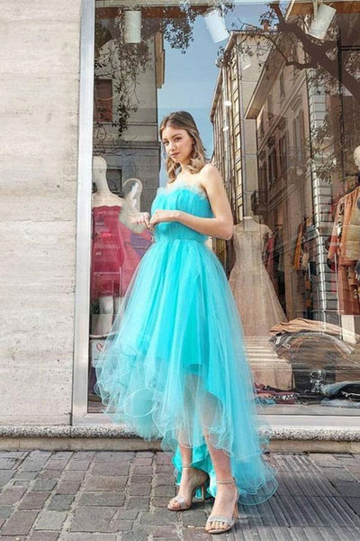 High Low Teal Blue Tulle Prom Dresses, Teal Blue High Low Formal Evening Dresses