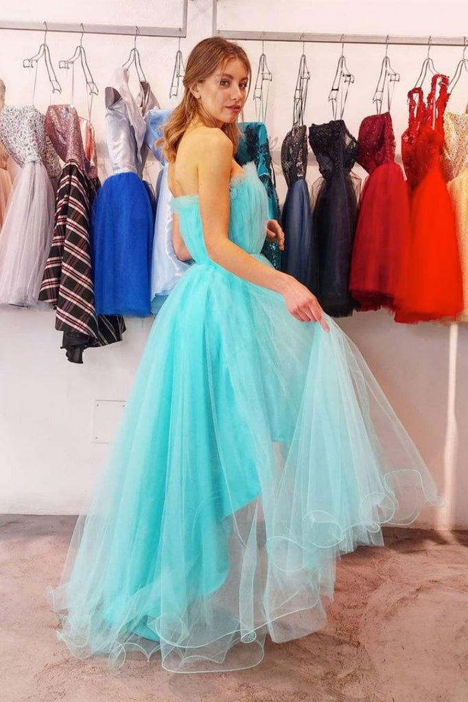 teal color long dresses High Low Teal Blue Tulle Prom Dresses, Teal Blue High Low Formal Eveni – jbydress