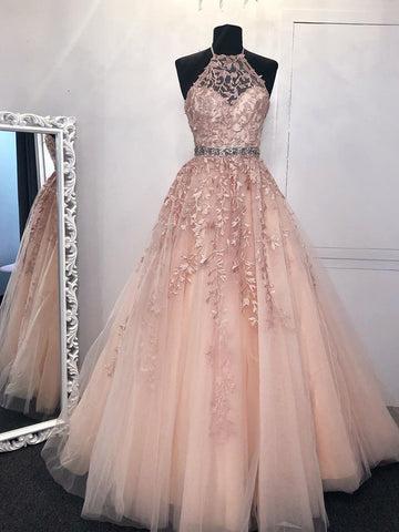 High Neck Pink Lace Prom Dresses, Pink Lace Formal Evening Graduation Dresses