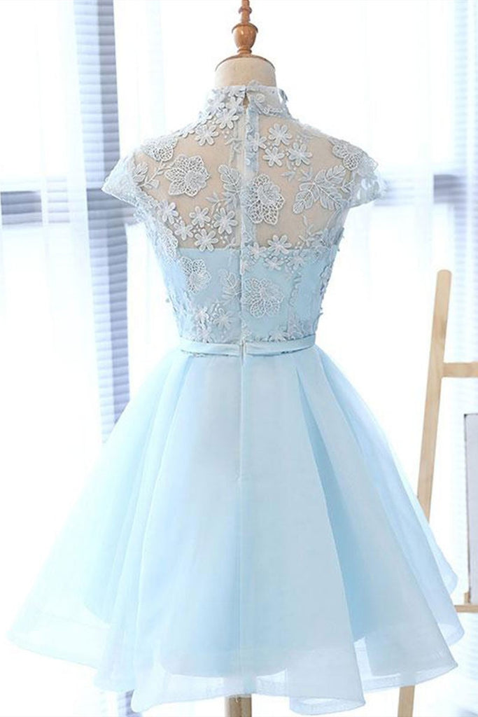 High Neck Short Blue Lace Prom Dresses, Short Blue Lace Graduation Hom jbydress High Neck Short Blue Lace Prom Dresses, Short Blue Lace Graduation Hom jbydress
