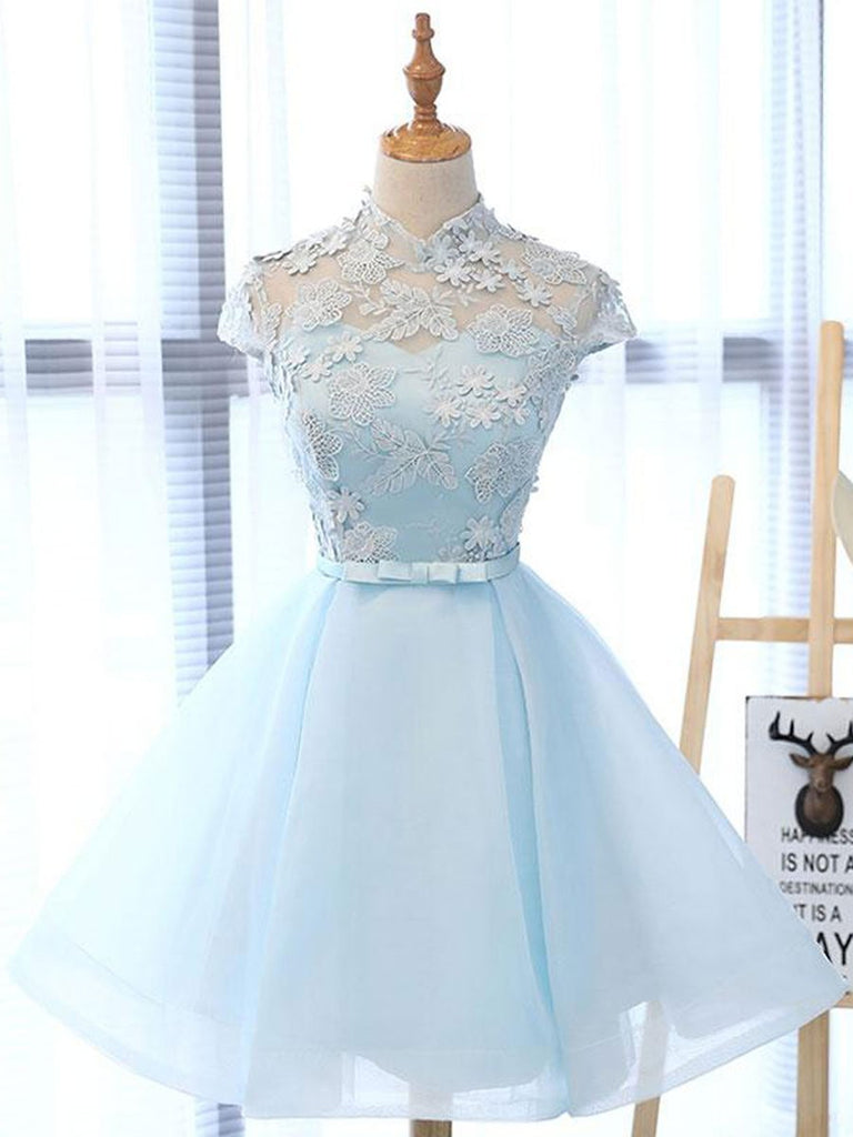 High Neck Short Blue Lace Prom Dresses, Short Blue Lace Graduation Hom jbydress High Neck Short Blue Lace Prom Dresses, Short Blue Lace Graduation Hom jbydress