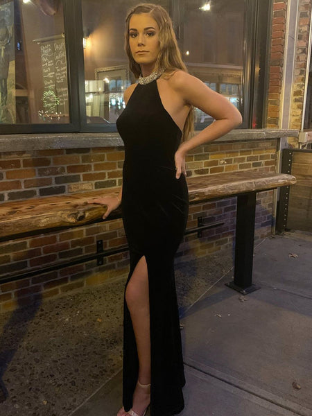 High Neck Black Backless Prom Dresses, High Neck Black Open Back Forma
