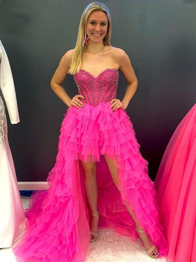 Hot Pink High Low Prom Dresses, Hot Pink High Low Formal Evening Dresses