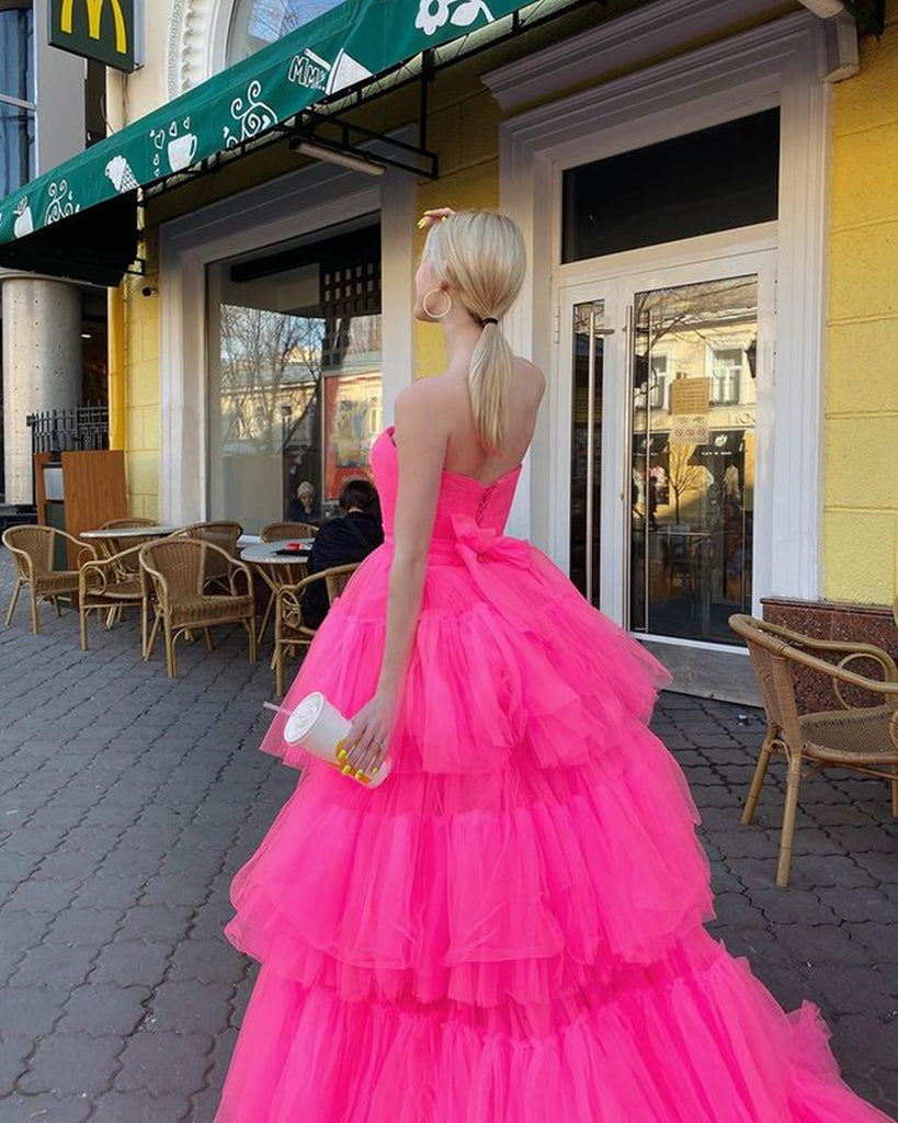 Hot Pink High Low Tulle Long Prom Dresses, Hot Pink High Low Formal Gr jbydress Hot Pink High Low Tulle Long Prom Dresses, Hot Pink High Low Formal Gr jbydress