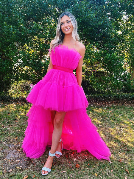 Hot Pink High Low Tulle Prom Dresses, Hot Pink High Low Formal Graduation Dresses