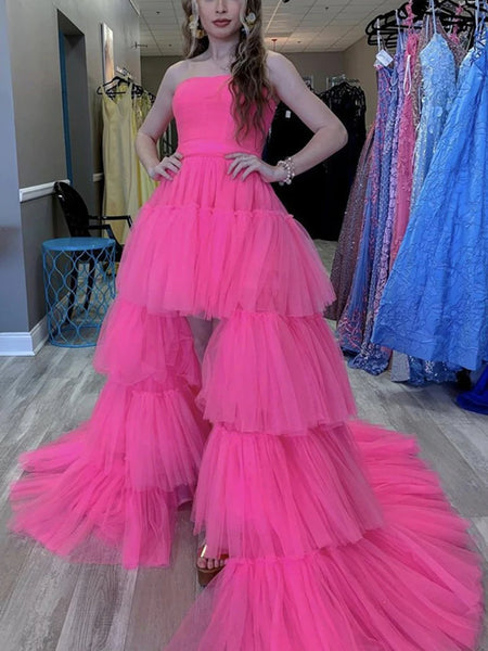 Hot Pink High Low Tulle Prom Dresses, Hot Pink High Low Tulle Formal Graduation Dresses
