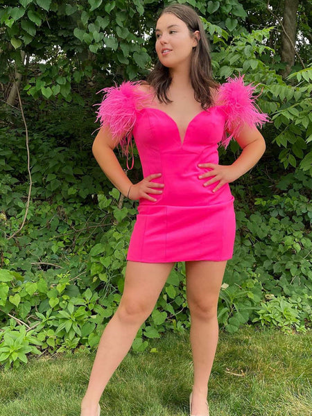 Hot Pink Off the Shoulder Short Prom Dresses, Off Shoulder Short Hot Pink Graduation Homecoming Dresses