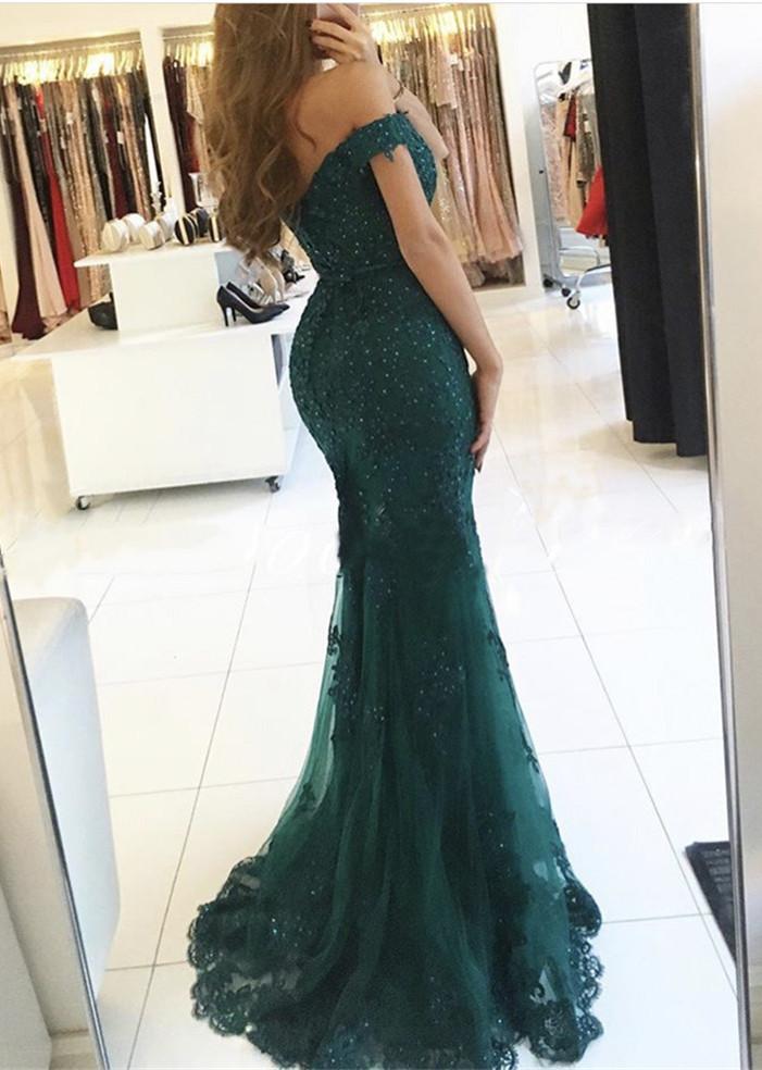 BMbridal Dark Green Off-the-Shoulder Prom Dress Mermaid Side Slit | BmBridal