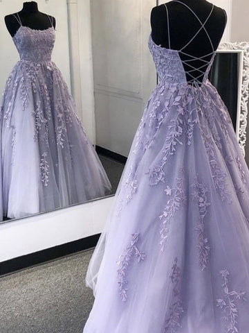 Lavender Applique Tulle Long Prom Dresses, Purple Lace Graduation Dresses Formal Gown with Sweep Train