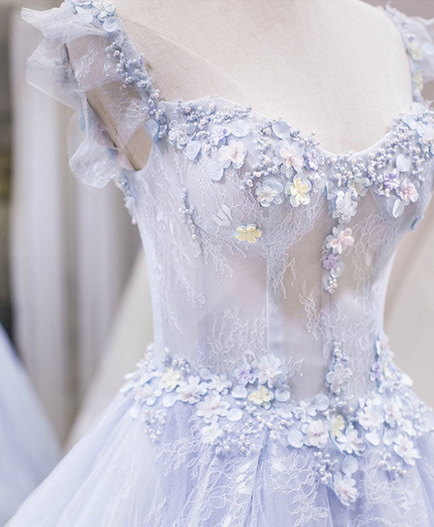 blue and white floral graduation dress Elegant 3D Floral Lace Blue Short Prom Dress for Graduation & Homecoming