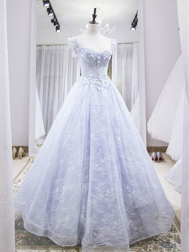 Light Blue Gray Lace Floral Prom Dresses, Blue Gray Lace Formal Gradua jbydress Light Blue Gray Lace Floral Prom Dresses, Blue Gray Lace Formal Gradua jbydress