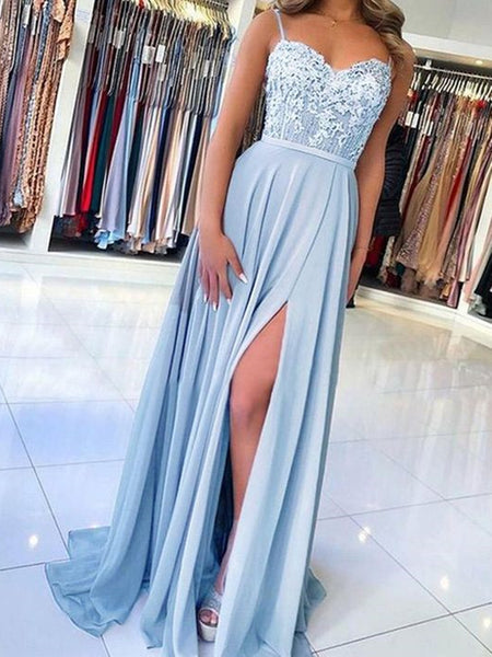 Light Blue Long Lace Prom Dresses, Sky Blue Lace Formal Evening Dresses