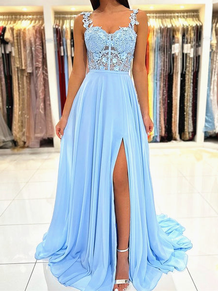 Long Light Blue Lace Prom Dresses, Light Blue Lace Long Formal Evening