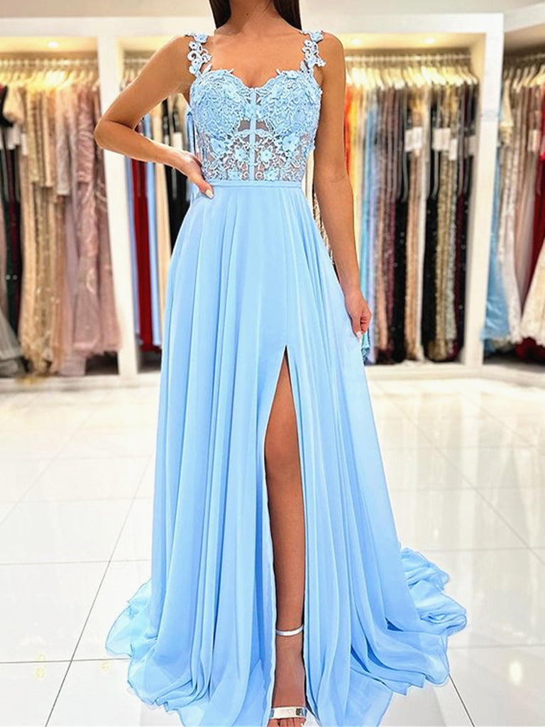 Long Light Blue Lace Prom Dresses, Light Blue Lace Long Formal Evening