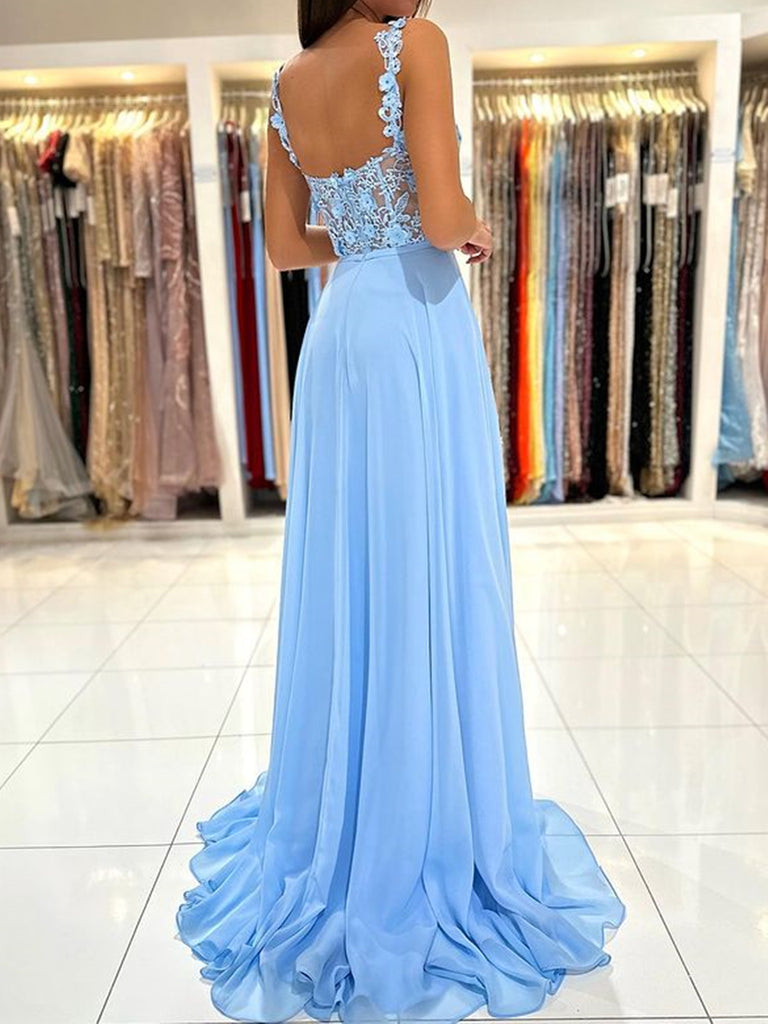 Long Light Blue Lace Prom Dresses, Light Blue Lace Long Formal Evening