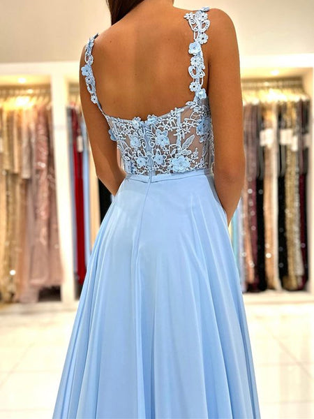 Long Light Blue Lace Prom Dresses, Light Blue Lace Long Formal Evening Dresses