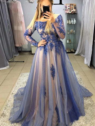 Long Sleeves Blue Lace Prom Dresses, Long Sleeves Blue Lace Formal Evening Dresses