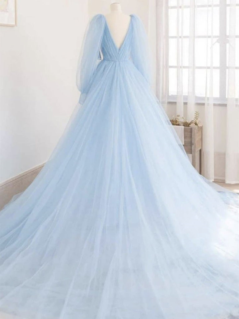 Long Sleeves Blue Tulle Prom Dress, Blue Tulle Long Sleeves Formal Gra jbydress Long Sleeves Blue Tulle Prom Dress, Blue Tulle Long Sleeves Formal Gra jbydress