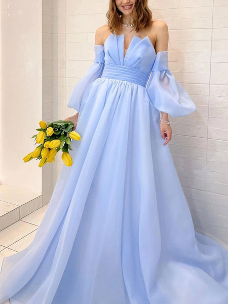 Long Sleeves Light Blue Long Prom Dresses, Light Blue Long Formal Evening Dresses