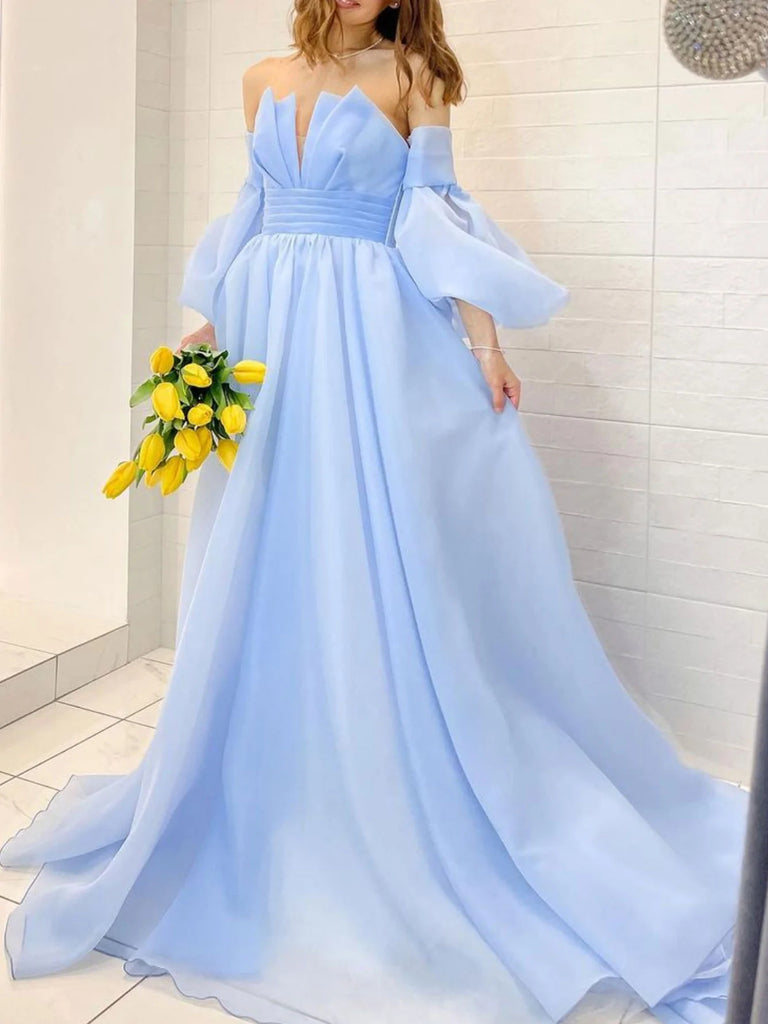 Long Sleeves Light Blue Long Prom Dresses, Light Blue Long Formal Evening Dresses