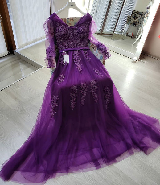 Long Sleeves Purple Lace Prom Dresses, Purple Lace Formal Evening Dresses