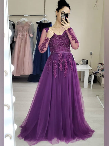 Long Sleeves Purple Lace Prom Dresses, Purple Lace Formal Evening Dresses
