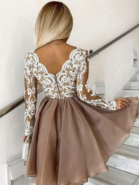 Long Sleeves Short Champagne Lace Prom Dresses, Short Champagne Lace Formal Graduation Dresses
