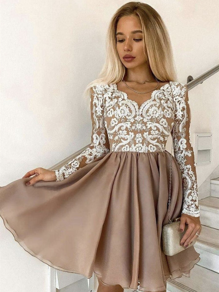Long Sleeves Short Champagne Lace Prom Dresses, Short Champagne Lace Formal Graduation Dresses