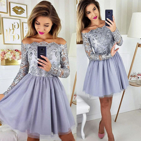 Long Sleeves Short Gray Lace Prom Dresses, Short Gray Lace Formal Graduation Homecoming Dresses