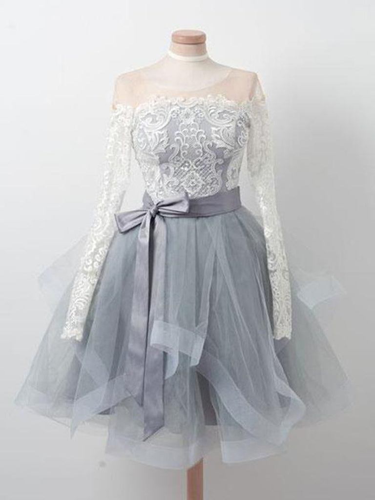 Long Sleeves Short Gray Prom Dress with White Lace, Long Sleeves Short jbydress Long Sleeves Short Gray Prom Dress with White Lace, Long Sleeves Short jbydress