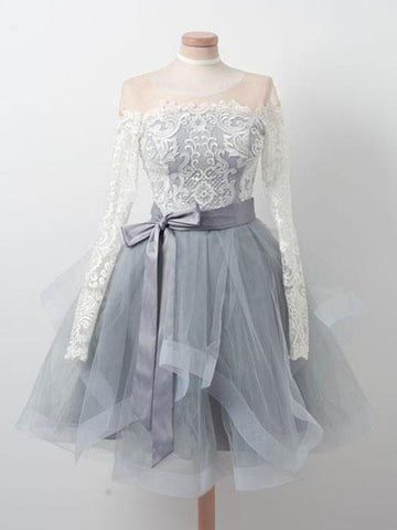 Long Sleeves Short Gray Prom Dress with White Lace, Long Sleeves Short Lace Graduation Homecoming Dresses