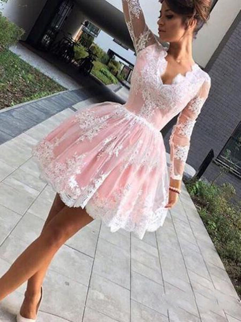 Long Sleeves Short Pink Lace Prom Dresses, Short Pink Lace Graduation jbydress Long Sleeves Short Pink Lace Prom Dresses, Short Pink Lace Graduation jbydress