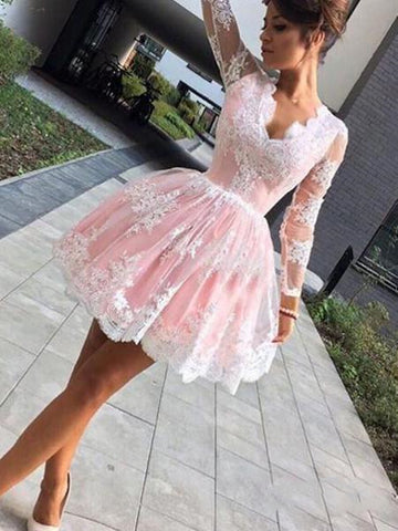 Long Sleeves Short Pink Lace Prom Dresses, Short Pink Lace Graduation Homecoming Dresses