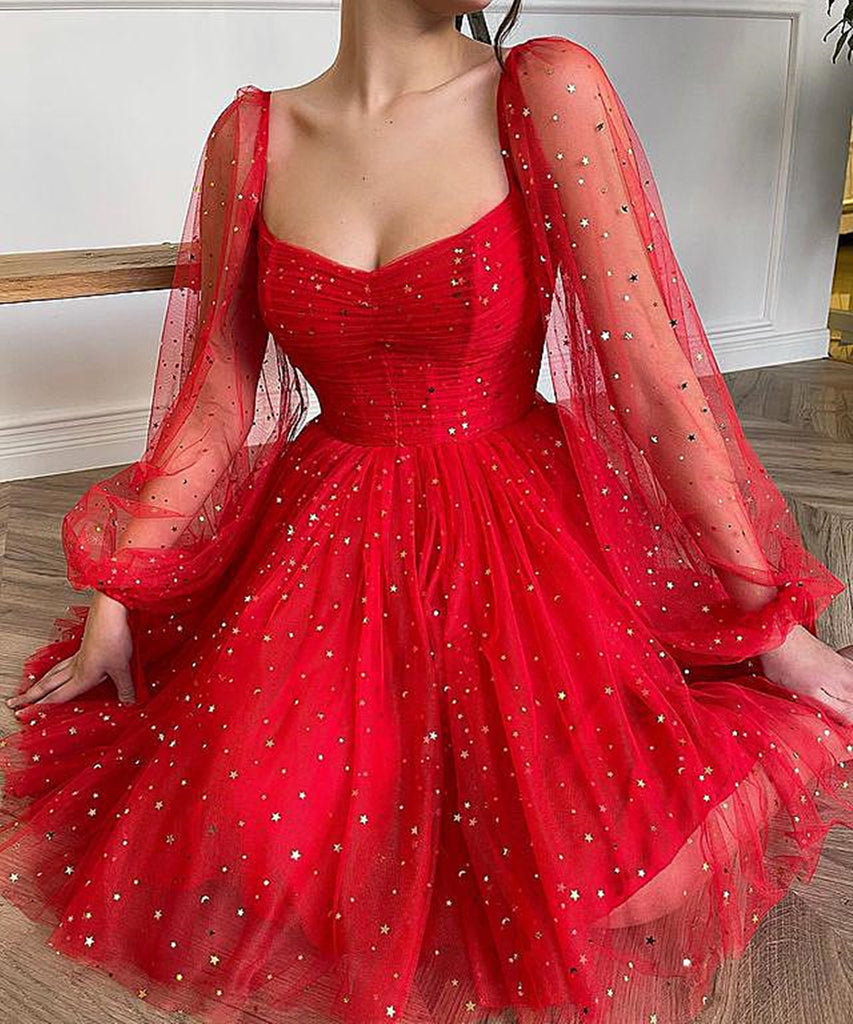 Long Sleeves Short Red Prom Dresses, Red Long Sleeves Short Formal Gra jbydress Long Sleeves Short Red Prom Dresses, Red Long Sleeves Short Formal Gra jbydress