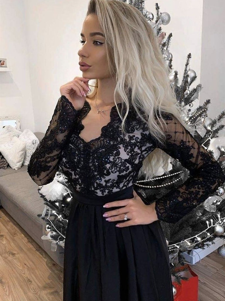 Long Sleeves V Neck Black Lace Prom Dresses, Long Sleeves Black Lace F jbydress Long Sleeves V Neck Black Lace Prom Dresses, Long Sleeves Black Lace F jbydress